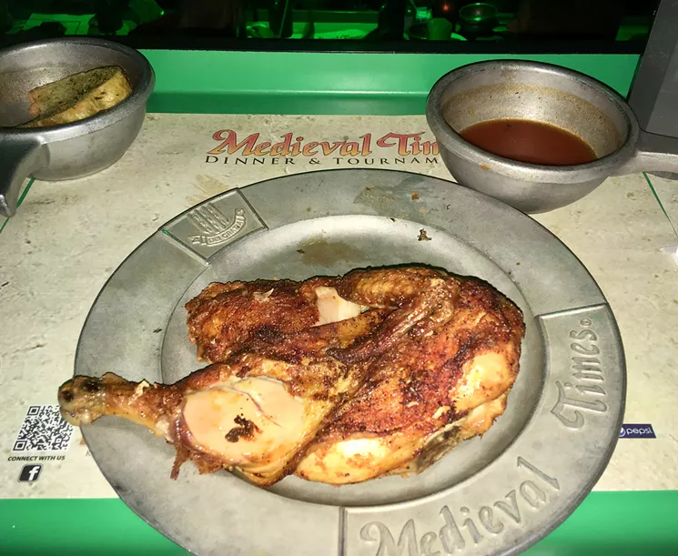 Dinner at Medieval Times is pretty straightforward — chicken for omnivores, three-bean soup and hummus for vegetarians. - AMANDA ALBEE