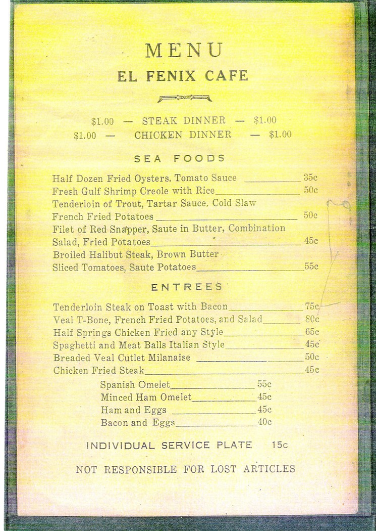 One page of El Fenix's menu from 1937. - COURTESY EL FENIX
