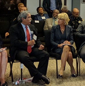 Devos listened, or at least looked like she was listening, to Dallas ISD Superintendent Michael Hinojosa. - STEPHEN YOUNG