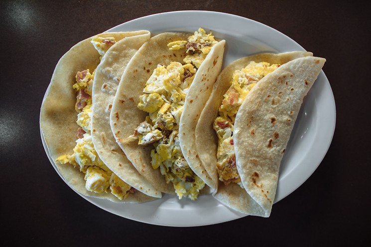The breakfast platter makes for some of Oak Cliff's best breakfast tacos. - KATHY TRAN