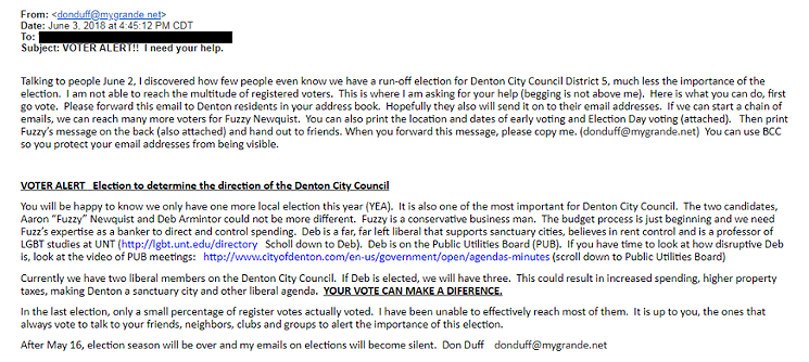 A screen grab of Don Duff's email to his following. Duff, a member of Denton City Council, urged Denton voters not to support Deborah Armintor. - COURTESY