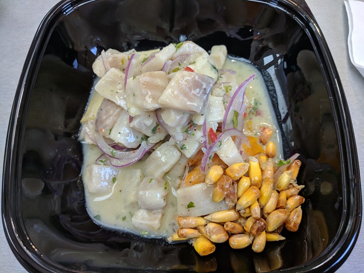 Peruvian-style fish ceviche with yucca, sweet potato and toasted Inca corn. - BRIAN REINHART
