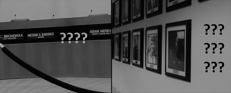 Within 24 hours of the announcement of Caraway's guilty plea, his name was down from the council dais, down from the wall of portraits in the lobby of City Hall, and, as you see here on the far right, down from the wall of former mayors, like he was never mayor. They had to put that one back up. - JIM SCHUTZE AND OTHERS WHO WISH NOT TO BE IDENTIFIED.