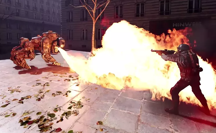 Players take control of a four-legged robot equipped with a flamethrower to toast Nazis in the new VR game Wolfenstein: Cyberpilot. - COURTESY BETHESDA