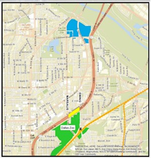 The proposed park would link the area around the Dallas Zoo in City Council District 4 to the neighborhoods just west of the freeway in District 1. - DALLASCITYHALL.COM