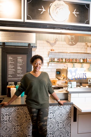 Chef Tiffany Derry photographed at Roots Chicken Shak, her fried chicken eatery at Legacy Hall in Plano. - ALISON MCLEAN