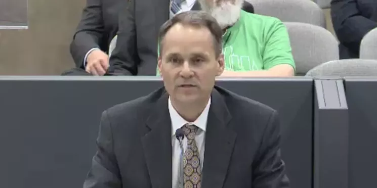 Michael E. Haefner, president and CEO of Atmos Energy, appearing before the Dallas City Council on April 18, 2018. - OBSERVER FILE PHOTO
