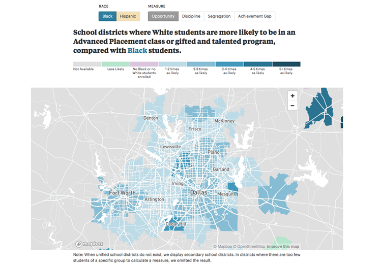 A screenshot from a map put together by ProPublica demonstrates how racial disparities affect black education in DFW. - PROPUBLICA
