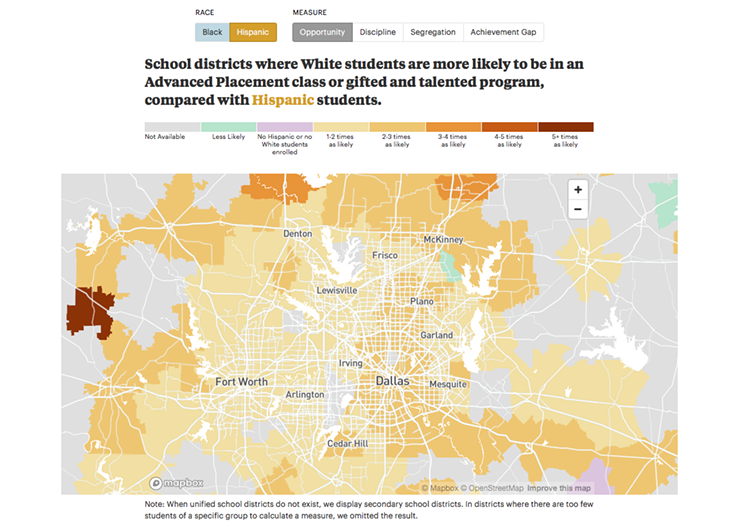 A screenshot from a map put together by ProPublica demonstrates how racial disparities affect Hispanic education in DFW. - PROPUBLICA