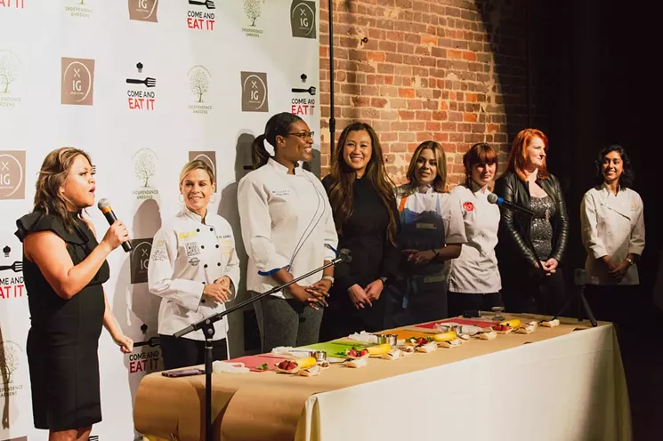 Independence Gardens founder Chonnie Richey (left) with chefs Cat Cora, Tiffany Derry, Uno Immanivong, Casey Nicole, Sara Bintrim, Jennifer Basel and Yasmin Wages - CHRIS WOLFGANG