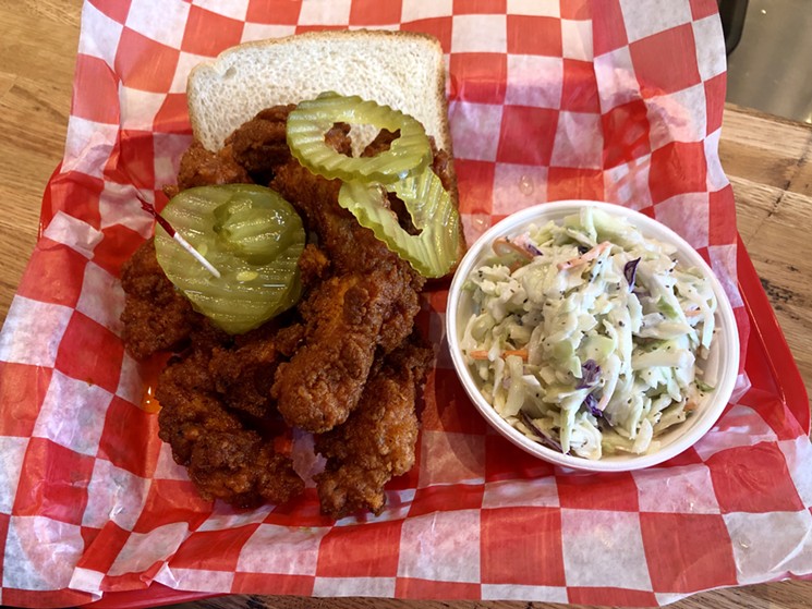 Four tenders with coleslaw at 24 Hot Chicken - PAIGE WEAVER