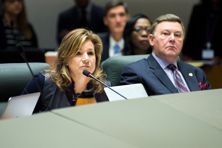 Council members Jennifer Gates (left) and Rickey Callahan at a September 2017 Dallas City Council meeting. - BRIAN MASCHINO