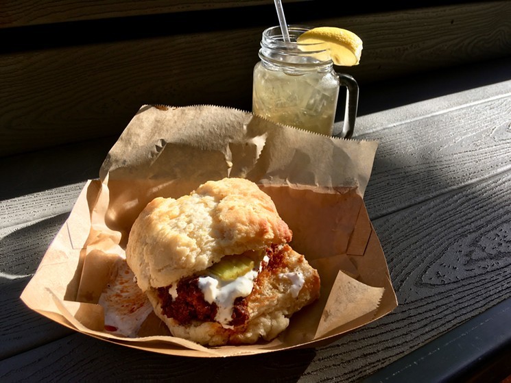 The Biscuit Bar in Plano has drawn crowds with its fun Southern biscuit sandwiches, like this Hot Hot Chicken, a riff on Nashville hot chicken. - AMANDA ALBEE