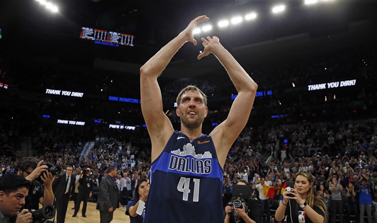 Dirk Nowitzki acknowledges fans after his game against the San Antonio Spurs at American Airlines Center on April 9, 2019. - RONALD CORTS/GETTTY
