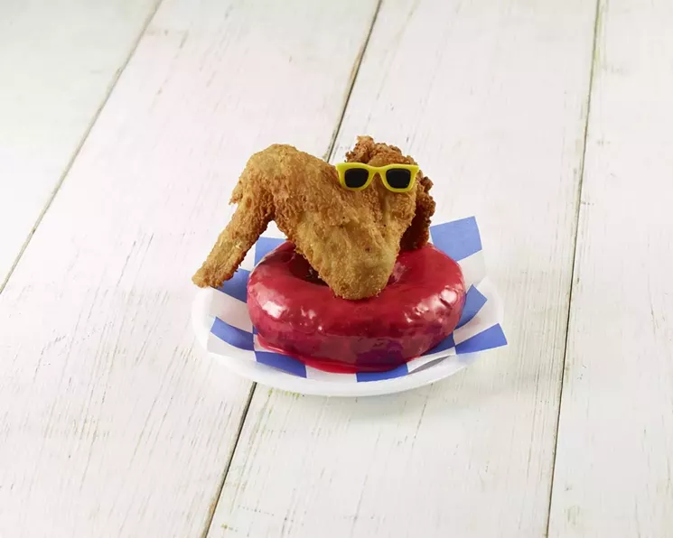 Big Red Chicken Bread: With a doughnut covered in some Big Red flavoring, there's no telling if this will taste great or not. But the chicken wing has sunglasses on it, and that's entertaining. - STATE FAIR OF TEXAS