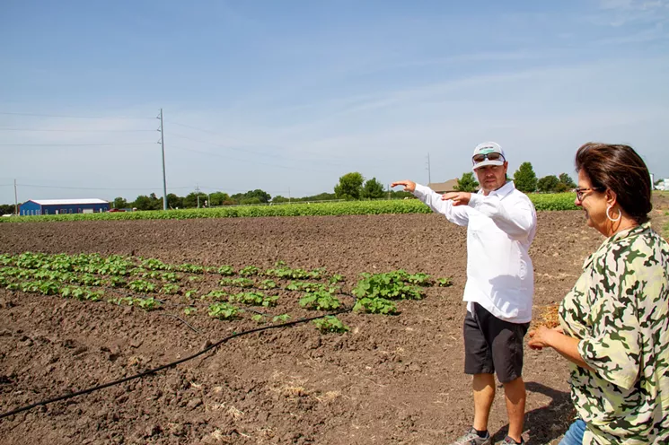 Aaron Reeves speaks with Elizabeth Dry about how the okra will grow around the space where the dinner will be. - TAYLOR ADAMS