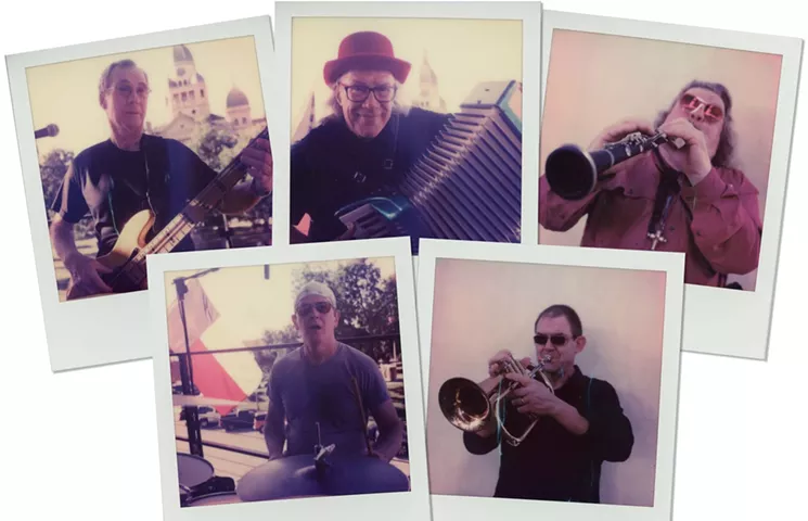 Brave Combo members Lyle Atkinson (left), Carl Finch (center), Jeffrey Barnes (right), Alan Emert (bottom left) and Danny O’Brien (bottom right) - DANIEL RODRIGUE