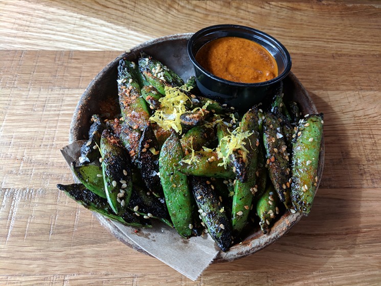 Grilled snap peas with kimchi emulsion at Loro in Austin - BRIAN REINHART