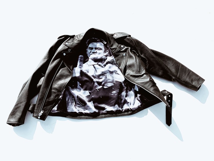 The infamous Johnny Cash shot in San Quentin prison is now on a leather jacket by Travis Austin. - TRAVIS AUSTIN