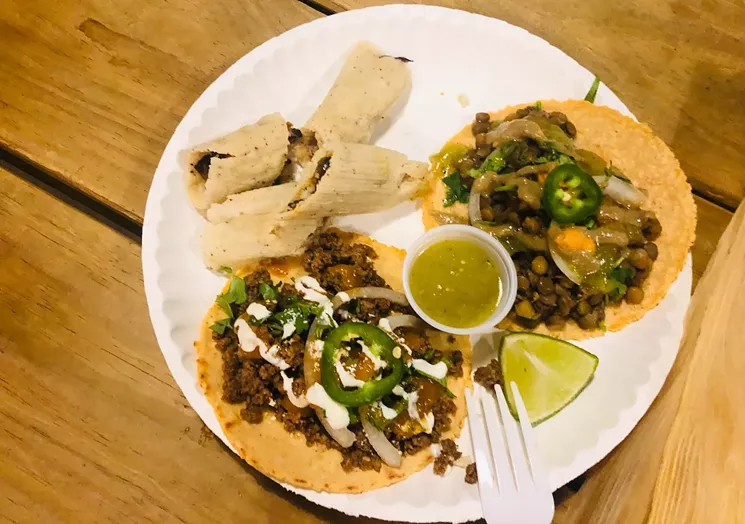 Eggplant, mushroom and chayote tamales, ground venison taco (left) and lentil carrot taco (right) - LAUREN DREWES DANIELS