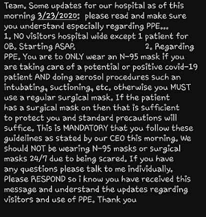 The text Tonya Randolph said her supervisor sent her, outlining the Lake Granbury Medical Center's mask policies. - TONYA RANDOLPH