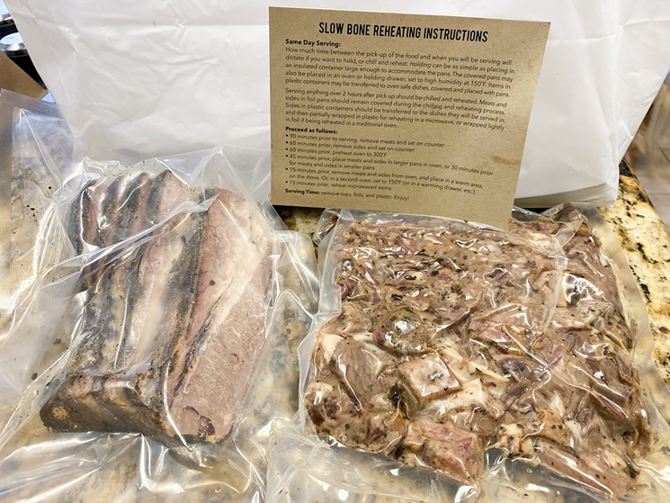 Slow Bone is selling 1-pound vacuum packs of barbecue, like their smoky brisket or the fillings for their Pit Sammitch. - CHRIS WOLFGANG