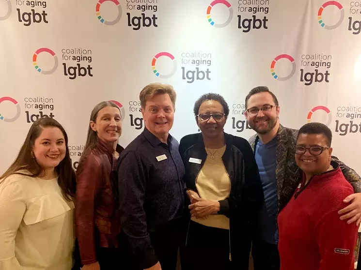 Staff of the Coalition of Aging LGBT, from left to right: Briana Monsalve, Sandy Anderson, Robert Emery, Emma Colquitt, DR Mann Hanson, Kim Macpherson - COURTESY ROBERT EMERY