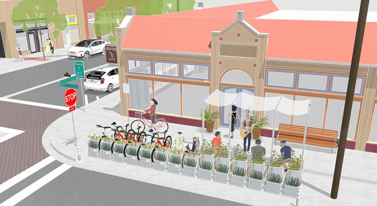 A rendering of the upcoming permanent parklet at Veracruz shows space for bike parking and restaurant seating. - DSGN ASSOCIATES, INC.