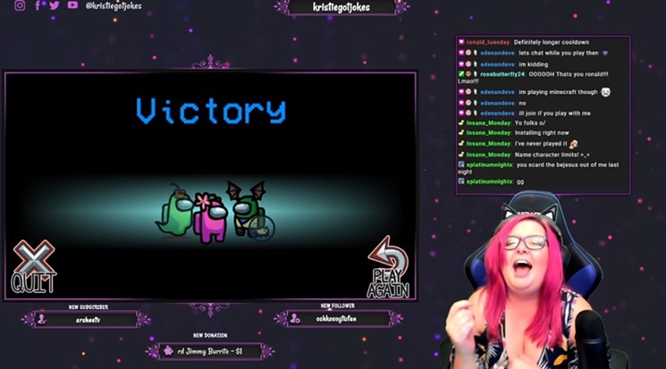 Comedian Kristie Nova celebrates her win in the hidden identity game Among Us on her Twitch stream. - SCREENSHOT BY DANNY GALLAGHER