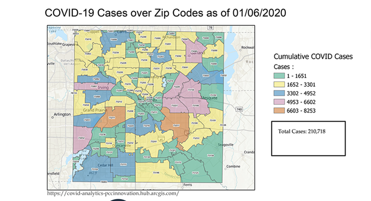 This map shows cumulative COVID-19 cases; the hardest-hit communities aren't the ones who received vaccines, despite the mega-center being in their neighborhood. - DALLAS COUNTY HEALTH AND HUMAN SERVICES