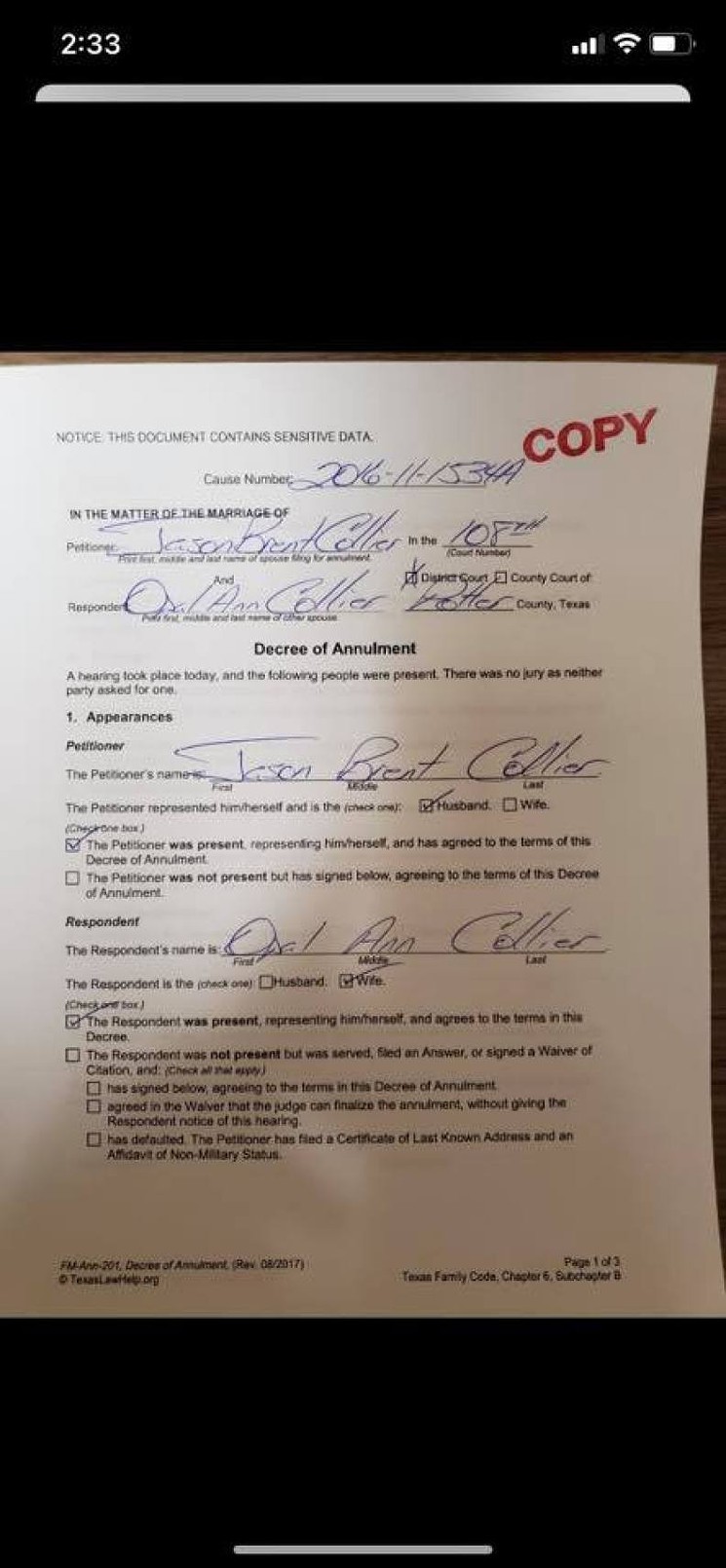 A photo of a document posted by Steinmetz, which she says she received from Collier. - SCREENSHOT FROM FACEBOOK