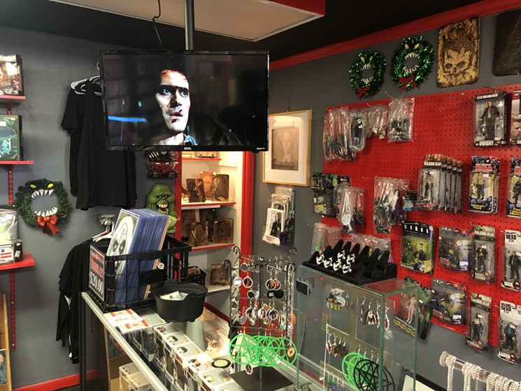 The Horror Freak store holds an impressive collection of creepy toys, art, masks and movies like Evil Dead II: Dead By Dawn starring Bruce Campbell. - DANNY GALLAGHER