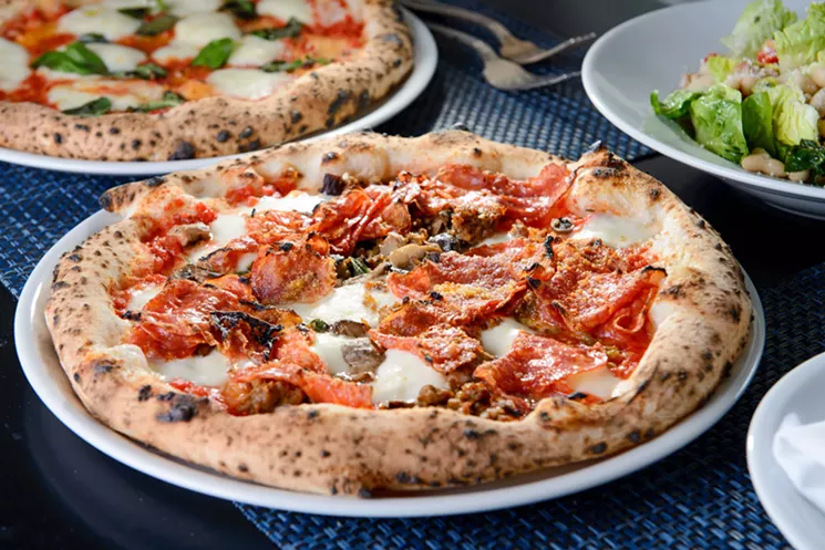 Pizza at Partenope with mozzarella, pecorino, tomato sauce, soppressata, Jimmy's sausage, mushrooms and basil - ALISON MCLEAN
