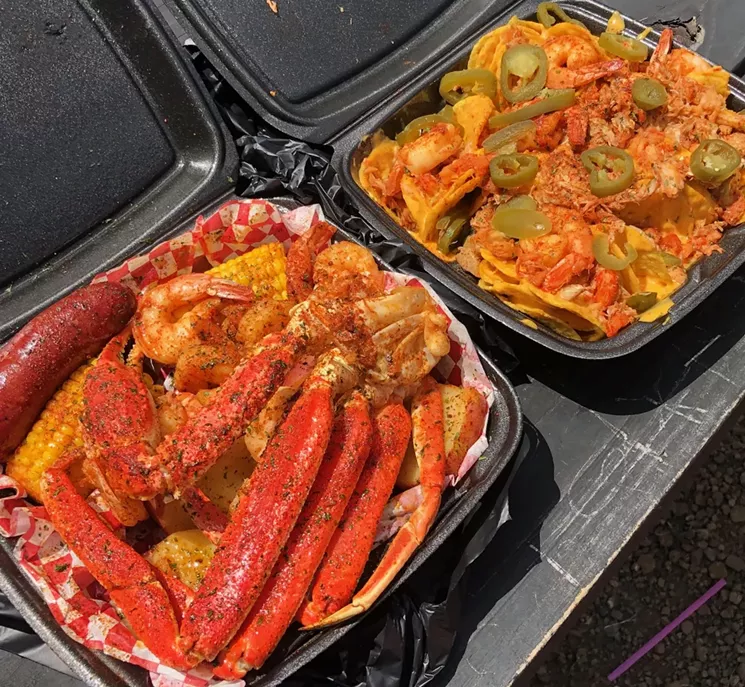 The seafood nachos, up top, are to be eaten on-site and immediately. Because, honestly, who could drive with those in the car? - JORDAN WILLIAMS