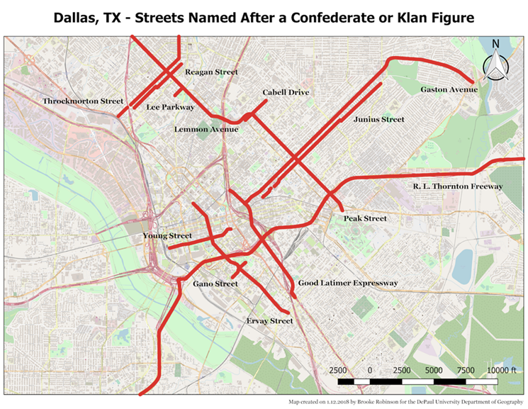 There's still plenty of work to be done after the Belo Garden name change. Here's a 2018 map of Dallas' racist streets. - BROOKE ROBINSON