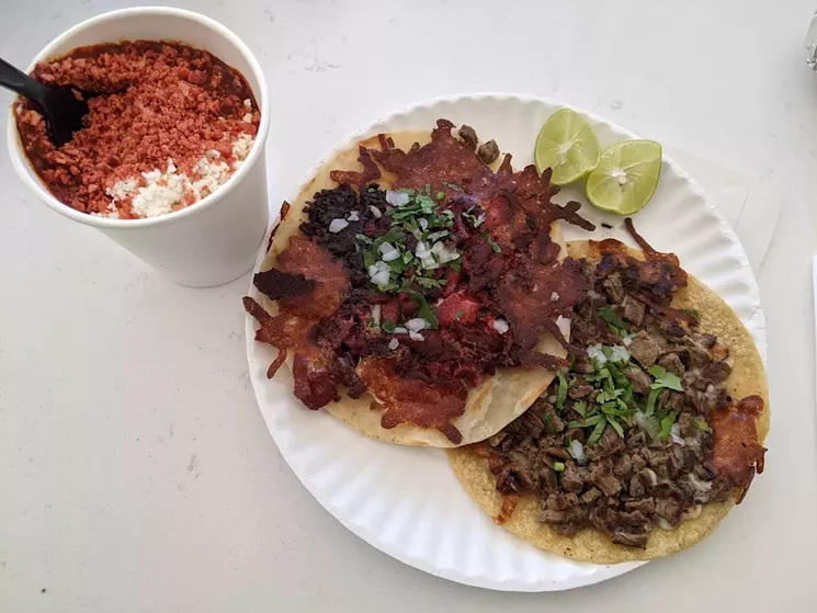 Taki's topped elotes and two of Trompo's classic quesadillas, the gringa (with trompo pork) and pirata (with steak). - BRIAN REINHART