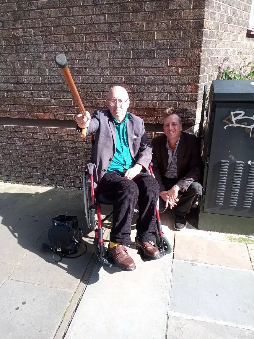 Barrett Brown poses with anarchist Ian Bone, founder of the Class War group, in London at the Anarchist Book Fair. - COURTESY BARRETT BROWN
