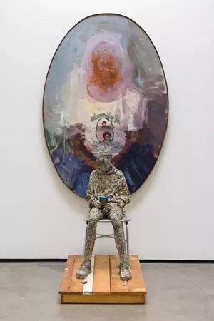 Sedrick Huckaby's "Connection," 2020. Oil on canvas, wood, newspaper pulp. - COURTESY OF THE ARTIST AND TALLEY DUNN GALLERY