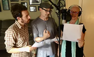 Composer Andrew Jones (left), writer and director Bradley Steele Harding (middle) and actress Angie Bolling (right) record a spooky, spoken word story for the film 13 Tracks to Frighten Agatha Black, which premieres Saturday at Texas Frightmare Weekend. - LAMPKIN LANE PRODUCTIONS