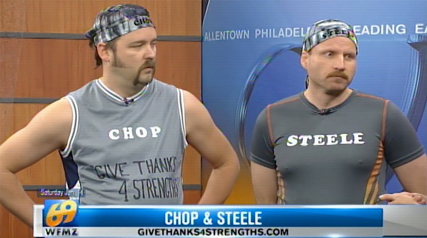 Joe Pickett, left, and Nick Prueher, right, are the subjects of a new comedy documentary called Chop & Steele which shows the legal fallout from a series of pranks they played on local morning news shows with the long Found Footage Festival.  -BEN STEINBAUER