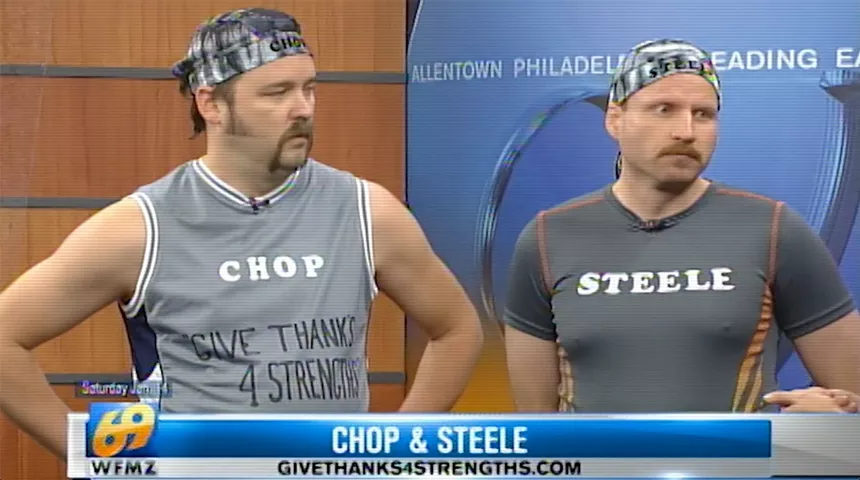 Joe Pickett, left, and Nick Prueher, right, are the subjects of a new comedy documentary called Chop & Steele which shows the legal fallout from a series of pranks they played on local morning news shows with the long Found Footage Festival. -BEN STEINBAUER
