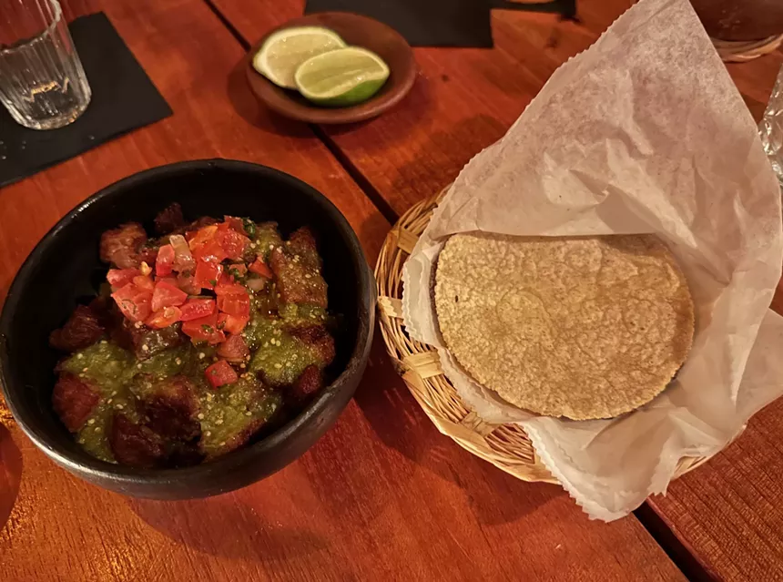 chicarron confit with heirloom tortillas