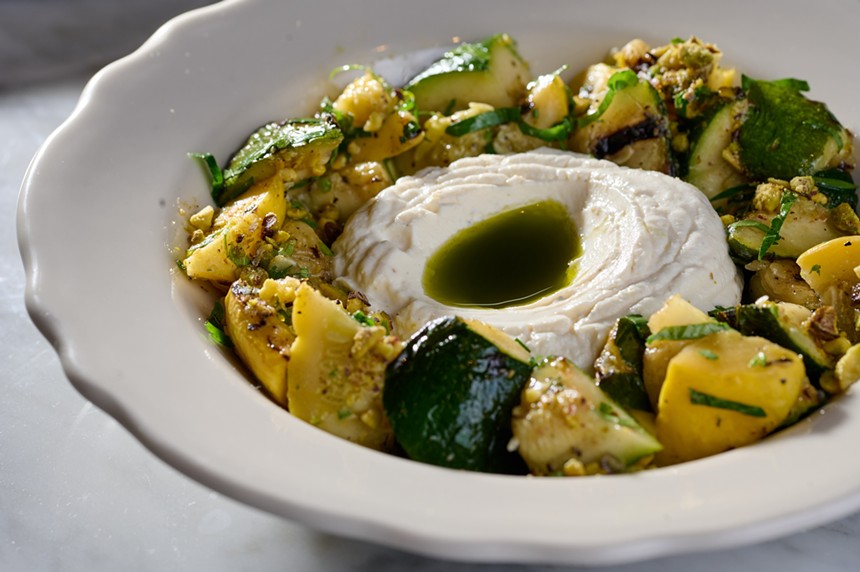 Whipped ricotta with zucchini and squash