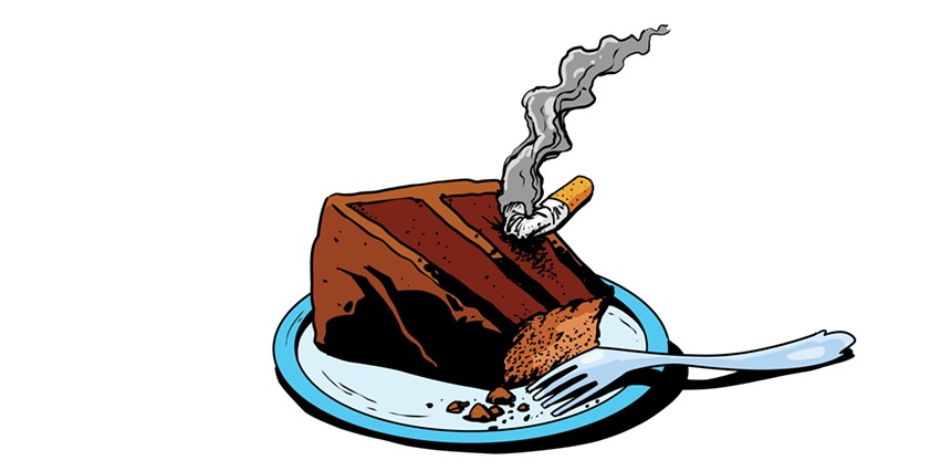 An illustration of a slice of cake with a cigarette atop it.