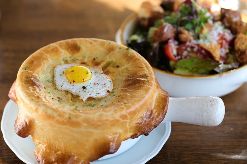 Heritage's chick pot pie comes with a sunny side up quail egg atop the crust.