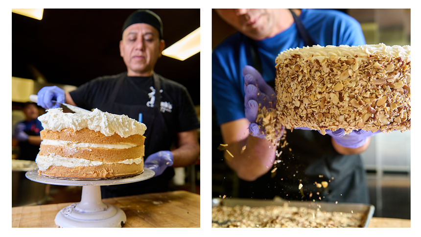 cakes being iced and covered in almonds