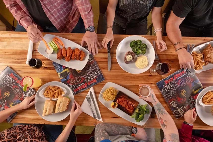 a spread of food at Rock and Brews