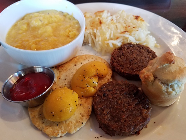 “Eggs,” “sausage,” hashbrowns and grits at V-Eats, the new vegan restaurant in Trinity Groves. - KATHRYN DEBRULER