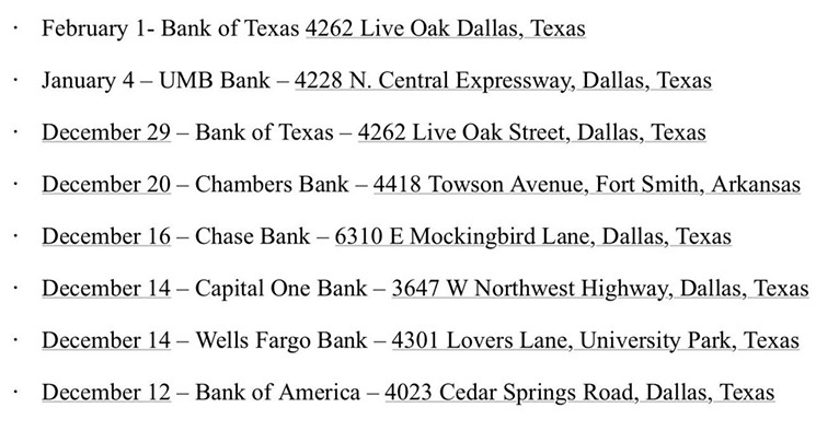 The nine robberies tied to the suspects. - DALLAS POLICE
