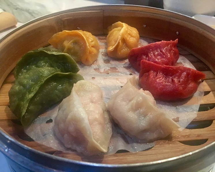 The Dumpling Sampler at Royal China, with pork, shrimp, chicken and vegetable. - NICK RALLO